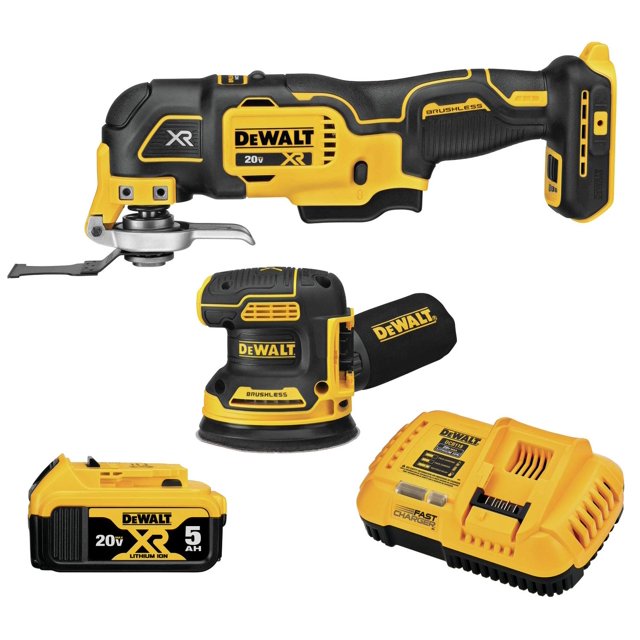 juego de herramientas dewalt 20v max lijadora orbital y oscilante, set inalámbrico que muestra una multiherramienta oscilante DEWALT 20V XR en vista lateral con accesorio instalado, una lijadora orbital aleatoria DEWALT 5 pulg. XR con recogedor de polvo, batería DCB205 20V MAX XR 5 Ah y cargador rápido DCB118 sobre fondo blanco; adecuada para carpintería y trabajos de taller.