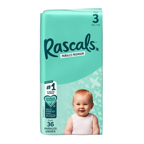 Pañales Rascal + Friends premium etapa 3 unisex 36 pzas