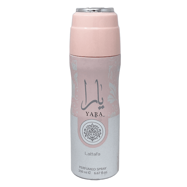 lattafa yara 200 ml para mujer fragancia en aerosol 200 ml, vista frontal centrada de frasco cilíndrico multicolor rosa y blanco con tapa rosa pálido y detalle plateado; etiqueta con texto árabe, nombre YARA y logotipo Lattafa; notas: orquídea, heliotropo, naranja tangerina, acorde goloso, frutas tropicales, vainilla, almizcle y sándalo; a menudo se usa también como spray refrescante personal.