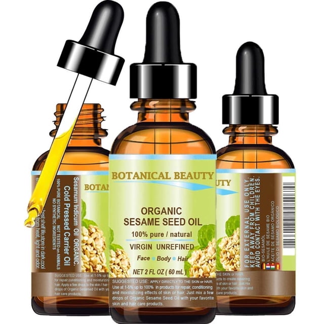aceite de semillas de sésamo orgánico carrier oil botanical beauty, 60 ml botella ámbar de 60 ml con etiqueta verde que indica "Organic Sesame Seed Oil", tapa negra con cuentagotas y gota dorada de aceite; presentado como aceite portador popular para masaje y aromaterapia y uso en rostro, cuerpo y cabello.