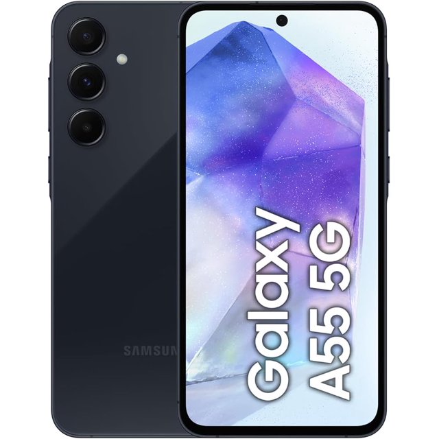 samsung galaxy a55 5g 256gb asombroso azul marino desbloqueado (reacondicionado) vista centrada frontal y trasera; smartphone azul marino con pantalla completa y cámara frontal perforada centrada, pantalla muestra 'Galaxy A55 5G', reverso con triple cámara vertical en fila y logotipo Samsung en la parte baja, fondo neutro blanco.