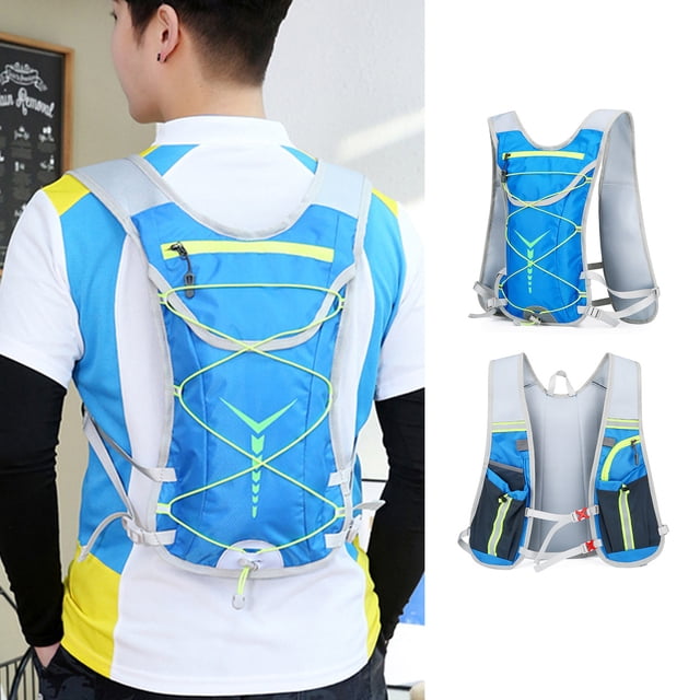 Mochila de hidratación con vejiga de 2L - Mochila ligera para ciclismo y senderismo para correr, acampar - Malla transpirable, tiras reflectantes (azul)