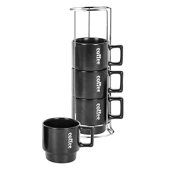 Set 4 Tazas De Cerámica Para Café/té Chefmaker Modelo Romina Con Base Apilable De Acero Inoxidable 380ml Color Negro