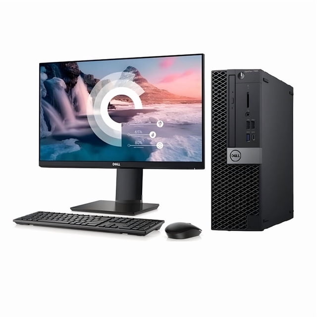 pc dell optiplex 3060 sff, core i3-8a, 8gb ram, 256gb ssd, monitor 19" reacondicionado Equipo Clase A reacondicionado. Vista 3/4 frontal: torre SFF Dell negra con rejilla frontal y logo, monitor Dell 19" sobre soporte mostrando paisaje, teclado y mouse negros. Se aprecian puerto HDMI 1.4, DisplayPort, puertos USB frontales, unidad óptica DVD±RW y entrada de micrófono; diseño compacto (92.6 mm ancho x 292 mm profundidad x 290 mm alto). Adecuado para tareas de oficina y a menudo usado como estación de consulta ligera.