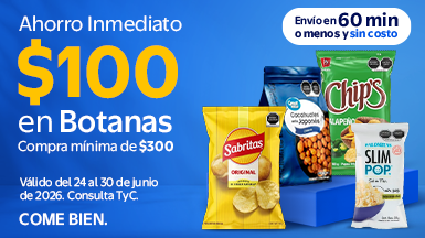 Recibe una bonificación de $100 en la compra de $300 en botanas Envío en horas + Envío sin costo