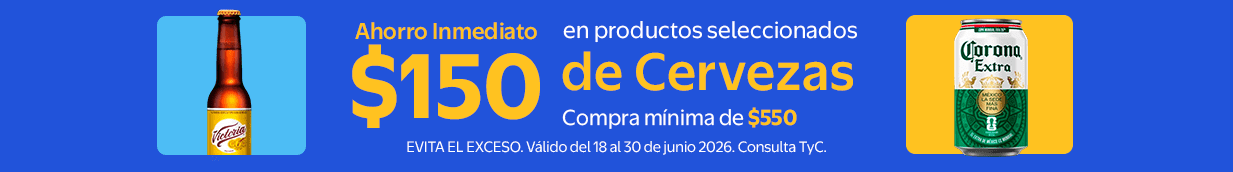 Ahorro inmediato de $150 en la compra mínima de $550 en productos seleccionados de Cervezas