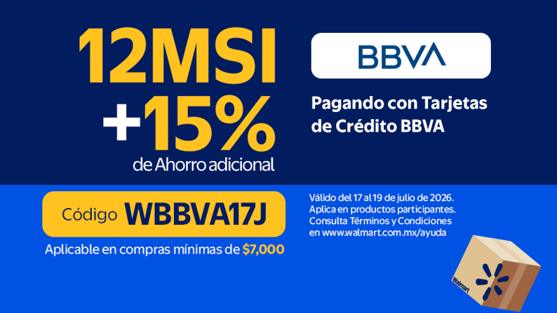 BBVA 12MSI + 15% Código: WBBVA17J Compra mínima $7000 del 17 al 19 de julio
