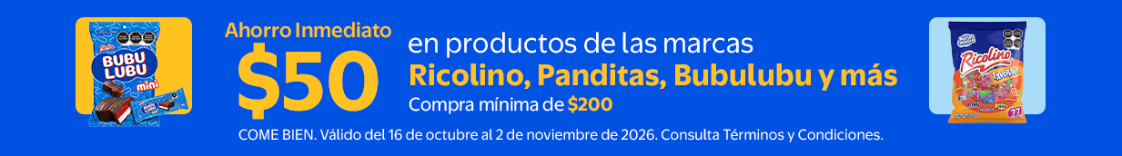Ahorro inmediato de $50 en la compra mínima de $200 en productos de Ricolino, Panditas, bubulubu y más