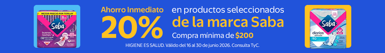 Ahorro Inmediato 20% en productos seleccionados de la marca saba compra minima de $200 Valido del 16 al 30 de junio 2026 Consulta TyC COME BIEN