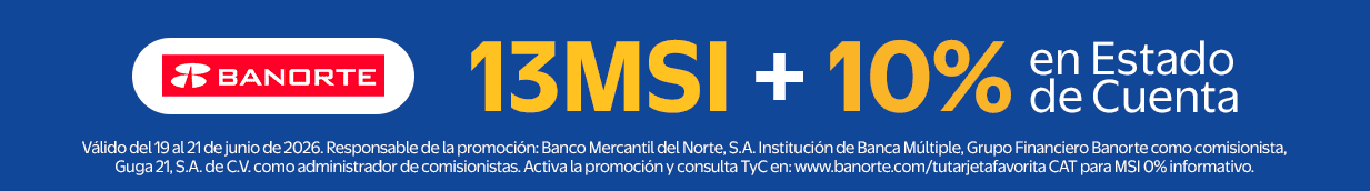 Banorte 13MSI + 10% de Cutena de Cuenta Válido del 19 al 21 de junio de 2026. Responsable de la promoción: Banco Mercantil del Norte, S.A. Institución de Banca Múltiple, Grupo Financiero Banorte como comisionista, Guga 21, S.A. de C.V. Consulta TyC