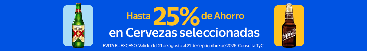 Hasta 25% de ahorro en cervezas seleccionadas. Valido del 21 de agosto al 21 de septiembre de 2026. Evita el exceso consulta tyc.