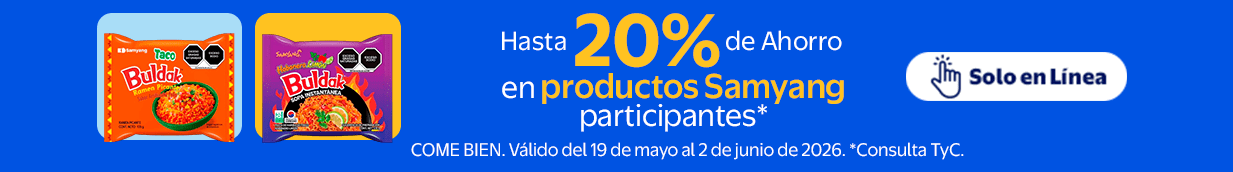 Hasta 20% de ahorro en productos samyang participantes* Valido del 19 de mayo al 2 de junio de 2026. *Consulta TyC COME BIEN
