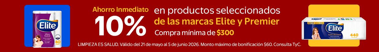 Ahorro Inmediato 10% en productos seleccionados de las marcas Elite y Premier 180 Compra mínima de $300 LIMPIEZA ES SALUD. Válido del 21 de mayo al 5 de junio 2026.
