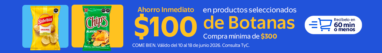 Ahorro Inmediato $100 en productos seleccionados de Botanas Compra mínima de $300 Válido del 10 al 8 de junio de 2026 Consulta TyC COME BIEN Recíbelo en 60 min o menos