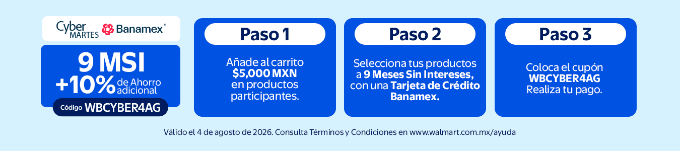 Cybermartes 9MSI +10%. Vigencia 4 de agosto. 1 Añade al carrito al menos $5,000 MXN en productos participantes. 2 Selecciona tus productos a 9 Meses Sin Intereses, con una Tarjeta de Crédito Banamex. 3 Código WBCYBER4AG en tu carrito. Realiza tu pago.