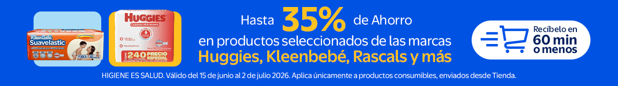 Hasta 35% de Ahorro en productos seleccionados de las marcas Huggies, Kleenbebé, Rascals y más. Válido del 15 deJunio al 2 de julio de 2026. Aplica únicamente a productos consumibles, enviados desde tienda. Higiene es salud. Recíbelo en 60 min o menos.
