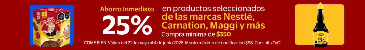 Ahorro inmediato de 25% en la compra mínima de $350 en productos seleccionados de las marcas Nestlé, Carnation, Maggi y más del 21 de mayo al 04 Junio.Monto máximo de bonificación $88