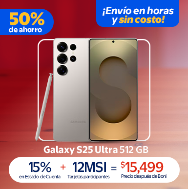 Galaxy S25 Ultra 512 GB 15% en Estado de Cuenta + 12MSI Tarjetas participantes = $15,499 Precio después de Boni. 50% de ahorro. ¡Envío en horas y sin costo!