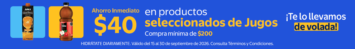 Ahorro Inmediato $40 en Jugos seleccionados. Compra mínima de $200. Válido del 15 al 30 de septiembre de 2026. Come Bien. Te lo llevamos de volada. Consulta TyC
