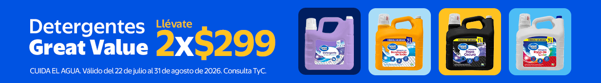 Detergentes Great Value Llévate 2 x $299 CUIDA EL AGUA. Válido del 22 de julio al 31 de agosto de 2026. Consulta TyC.