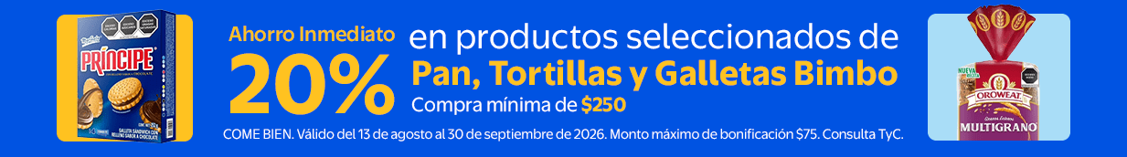 Ahorro inmediato 20% en productos seleccionados de Pan, tortillas y Galletas Bimbo. Compra mínima de $250. Válido del 13 de agosto al 30 de septiembre de 2026. Monto máximo de bonificación $75. Consulta TyC. Come Bien.