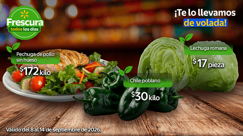Pechuga de pollo sin hueso $172 kilo | Chile poblano $30 kilo | Lechuga romana $17 pieza