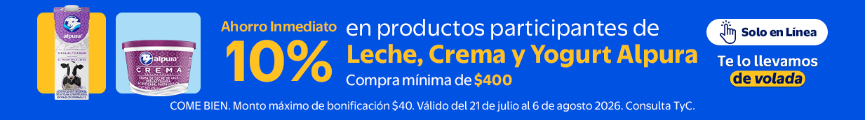 Ahorro inmediato del 10% en compras mínimas de $400 en productos participantes de Leche, Crema y Yogurt Alpura. Vigencia del 20 de julio al 09 de agosto de 2026. Monto máximo de bonificación: $40. Exclusivo en línea. Entrega en 60 minutos.