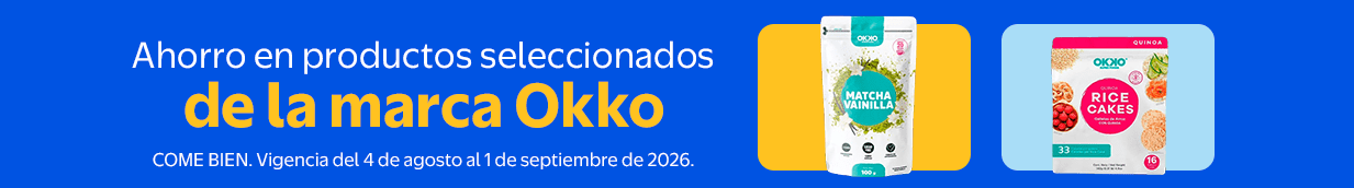 Ahorro en productos seleccionados de la marca Okko. Vigencia del 4 de agosto al 1 de septiembre. COME BIEN.