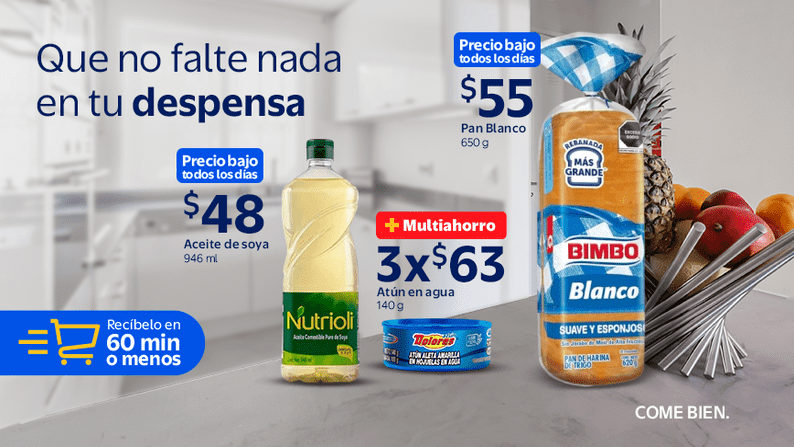 Que no falte nada en tu despensa | DOLORES ATUN AGUA 3x$63 | NUTRIOLI ACEITE $48 | PAN BLANCO 620 GR $55 Envío en 60 min