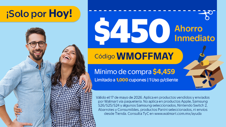 Ahorro inmediato de $450 con código: WMOFFMAY mínimo de compra $4,459 limitado a 1,000 cupones. Un uso por cliente. Válido el 17 de mayo de 2026. Consulta Términos y Condiciones.
