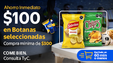 Ahorro Inmediato $100 en Botanas seleccionadas Compra mínima de $300 COME BIEN. Consulta TyC. Recíbelo en 60 min o menos