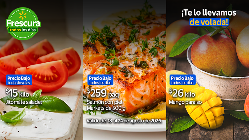 Jitomate Saladet $15 kilo + Salmón con piel market side 500 g $259 paquete + Mango paraíso $26 kilo. Te lo llevamos de volada.