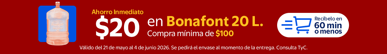¡Ahorro inmediato de $20 en compra mínima de $100 en Bonafont 20L!