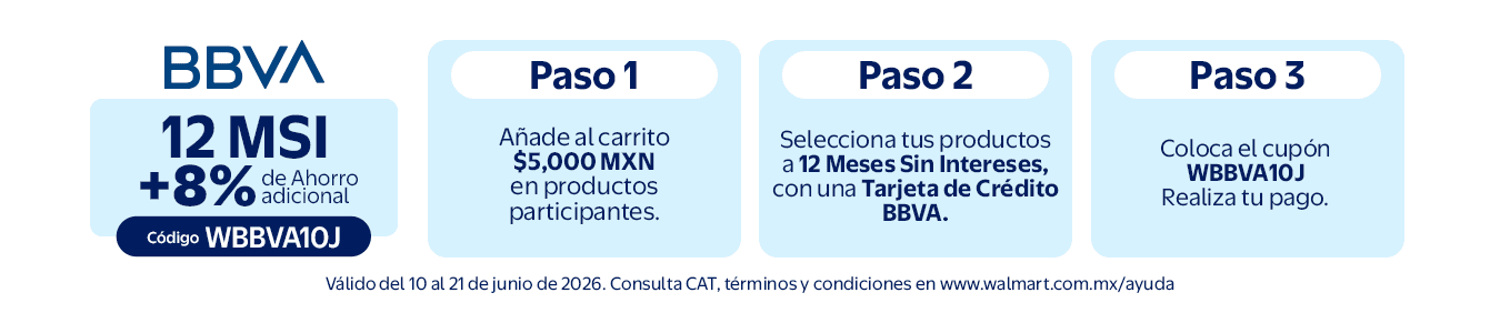 BBVA 12MSI +8% Ahorro Adicional Vigencia 10 al 21 de junio Paso 1: Añade al carrito al menos $5,000 MXN en productos participantes Paso 2: Selecciona tus productos a 12 Meses Sin Intereses, con una Tarjeta de Crédito BBVA. Paso 3:Coloca el cupón WBBVA10J.