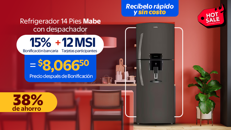 Refrigerador 14 Pies Mabe con despachador 15% Bonificacion Bancaria + 12 MSI Tarjetas participantes $8,066.50 + 38% de ahorro