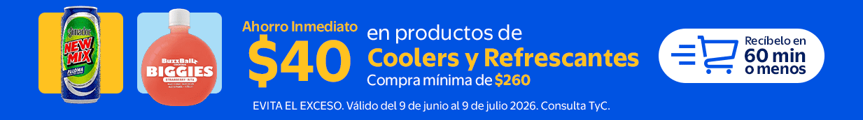 Ahorro Inmediato $100 en productos de coolers y refrescantes Compra mínima de $260 Válido del 9 de junio al 9 julio de 2026 Consulta TyC COME BIEN Recíbelo en 60 min o menos