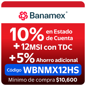 Banamex 10% en estado de cuenta* + 12 MSI + 5% Adicional código WBNMX12HS Mínimo de compra: $10,600