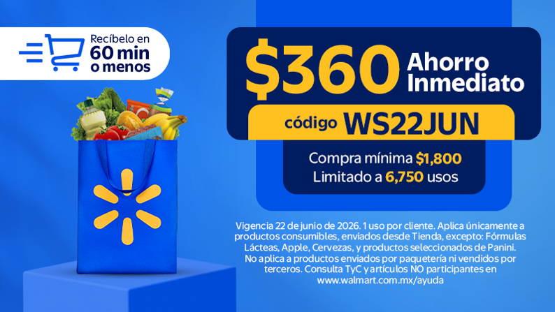 Cupón WS22JUN obtén $360 de ahorro en compra mín de $1,800 Tiraje 6750. Un uso por cliente + Envío Express desde 60 min. Válido solo 22 de Junio de 2026. Consulta TyC.