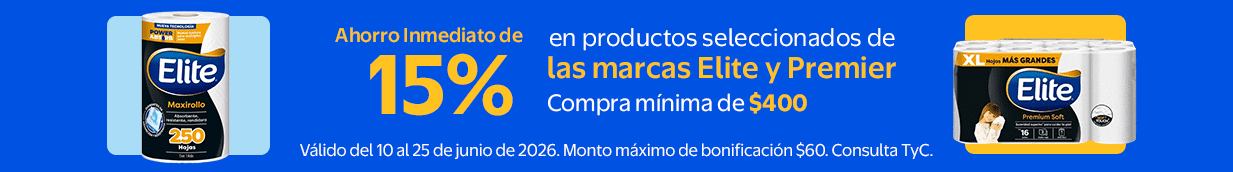 Ahorro de 15% en productos seleccionados de las marcas Elite y Premier Compra mínima de $400 Válido del 10 al 25 de iunio de 2026. Monto máximo de bonificación $60. Consulta TyC.