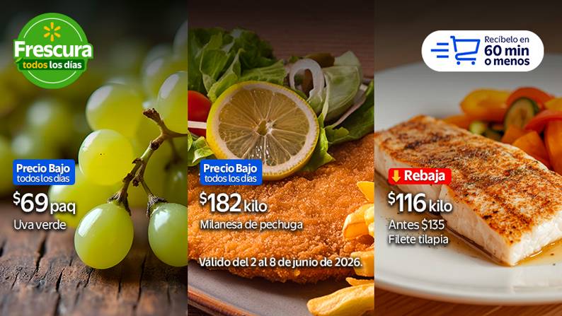 Frescura todos los días. Uva verde $69 paquete | Milanesa de pechuga $182 kilo | Filete Tilapia $116 kilo. Valido del 2 al 8 de junio de 2026. Recíbelo en 60 min o menos
