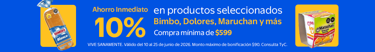 Ahorro inmediato de 10% en la compra mínima de $599 en productos seleccionados de Bimbo, Dolores, Maruchan y más del 22 de Mayo al 25 de Junio. Monto máximo de bonificación $90.