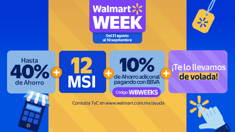 Walmart Week 12MSI +10% en Ahorro adicional en Estado de cuenta BBVA + Te lo llevamos de volada