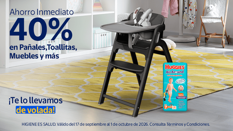 Ahorro Inmediato 40% en Pañales, toallitas, muebles y más. Válido del 17 de Septiembre al 1 de octubre de 2026. Te lo llevamos de volada.