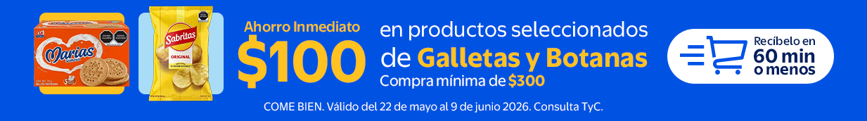 $100 Ahorro Inmediato en productos seleccionados de galletas y botanas. Compra mínima de $300. Válido del 22 de mayo al 9 de junio de 2026. COME BIEN.