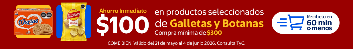 $100 Ahorro Inmediato en productos seleccionados de galletas y botanas. Compra mínima de $300. Válido del 22 de mayo al 4 de junio de 2026. COME BIEN.