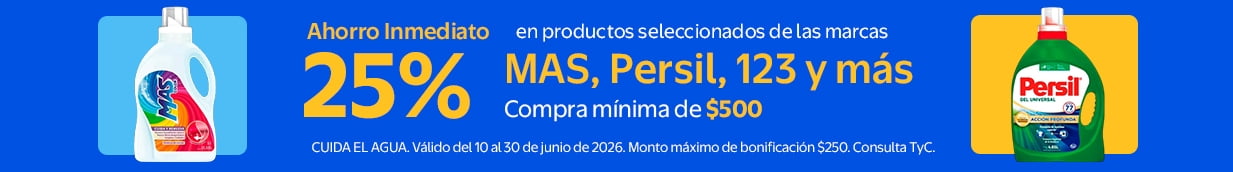 Ahorro inmediato de 25% en la compra mínima de $500 en productos seleccionados de las marcas Mas, Persil,123 y más del 21 de mayo al 5 de junio.Monto máximo de bonificación $250