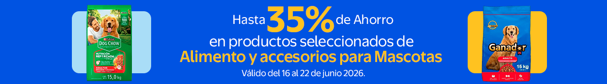Hasta 35% de Ahorro en productos seleccionados de Alimento y accesorios para Mascotas Valido del 16 al 22 de junio 2026.