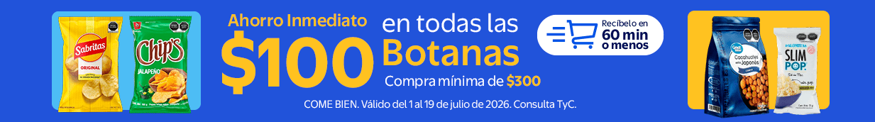 Ahorro inmediato de $100 en todas las botanas. Compra mínima de $300 COME BIEN. Válido del 1 al 19 de 2026.