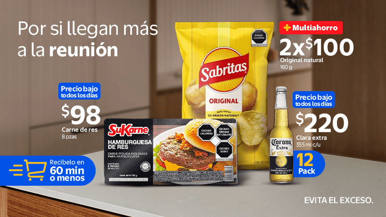 Por si llegan más a la reunión | PAPAS SABRITAS 2X$100 | CARNE DE RES PARA HAMBRUGUESA SU KARNE $98 | CERVEZAS CORONITAS $220 | Envío en 60 min