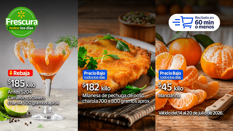 Camarón coctelera charola 500 gramos Antes $204 Ahora $185 kilo + Milanesa de pechuga de pollo charola 700 a 80 gramos aproximadamente $182 kilo + Mandarina $45 kilo. Válido del 14 al 20 de julio de 2026. Recíbelo en 60 min o menos.